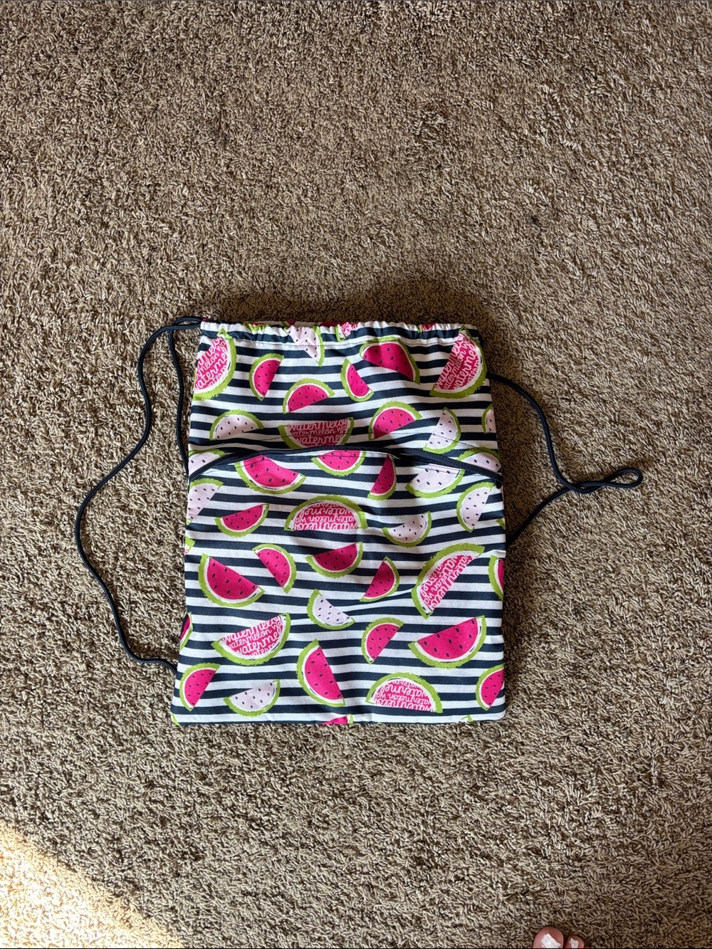 thirty-one Navy + White Striped Drawstring Bag with Pink Watermelon Print